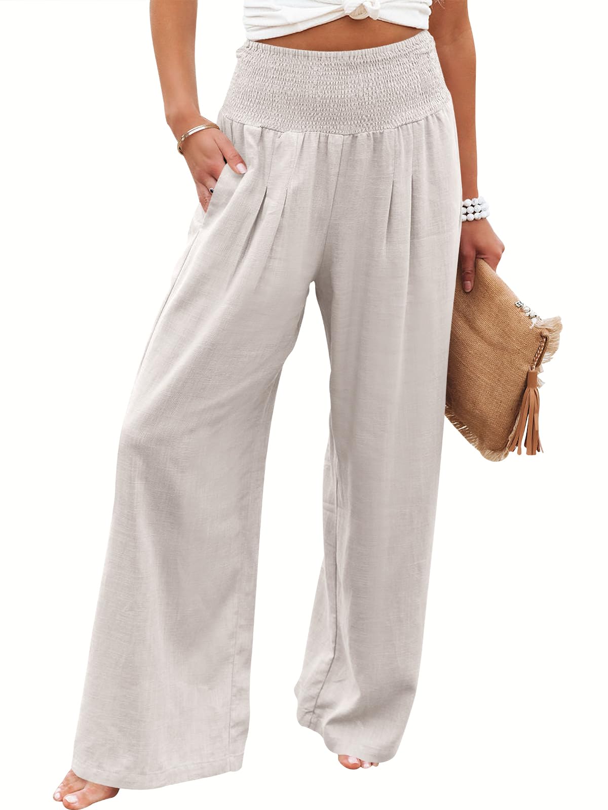 Foto 2 pulgar | Pantalones Palazzo Anrabess De Lino, Cintura Alta, Color Albaricoque, Para Mujer - Venta Internacional.