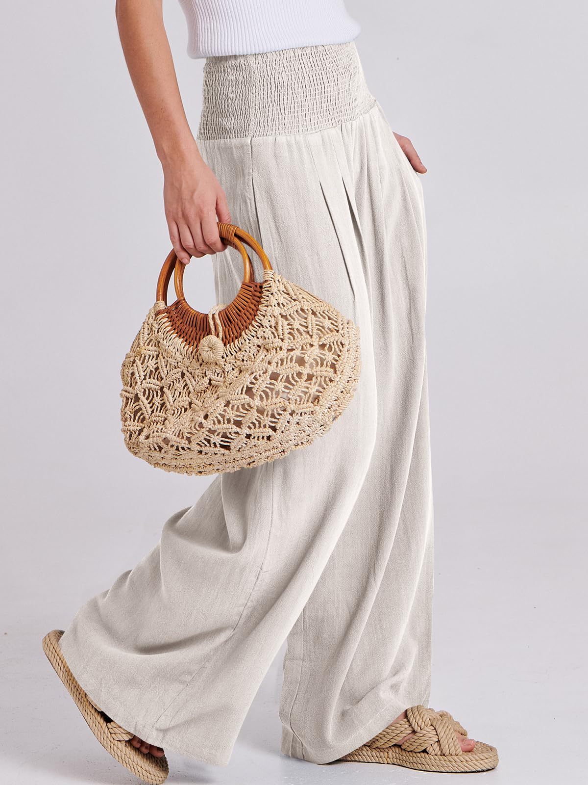 Foto 3 | Pantalones Palazzo Anrabess De Lino, Cintura Alta, Color Albaricoque, Para Mujer - Venta Internacional.