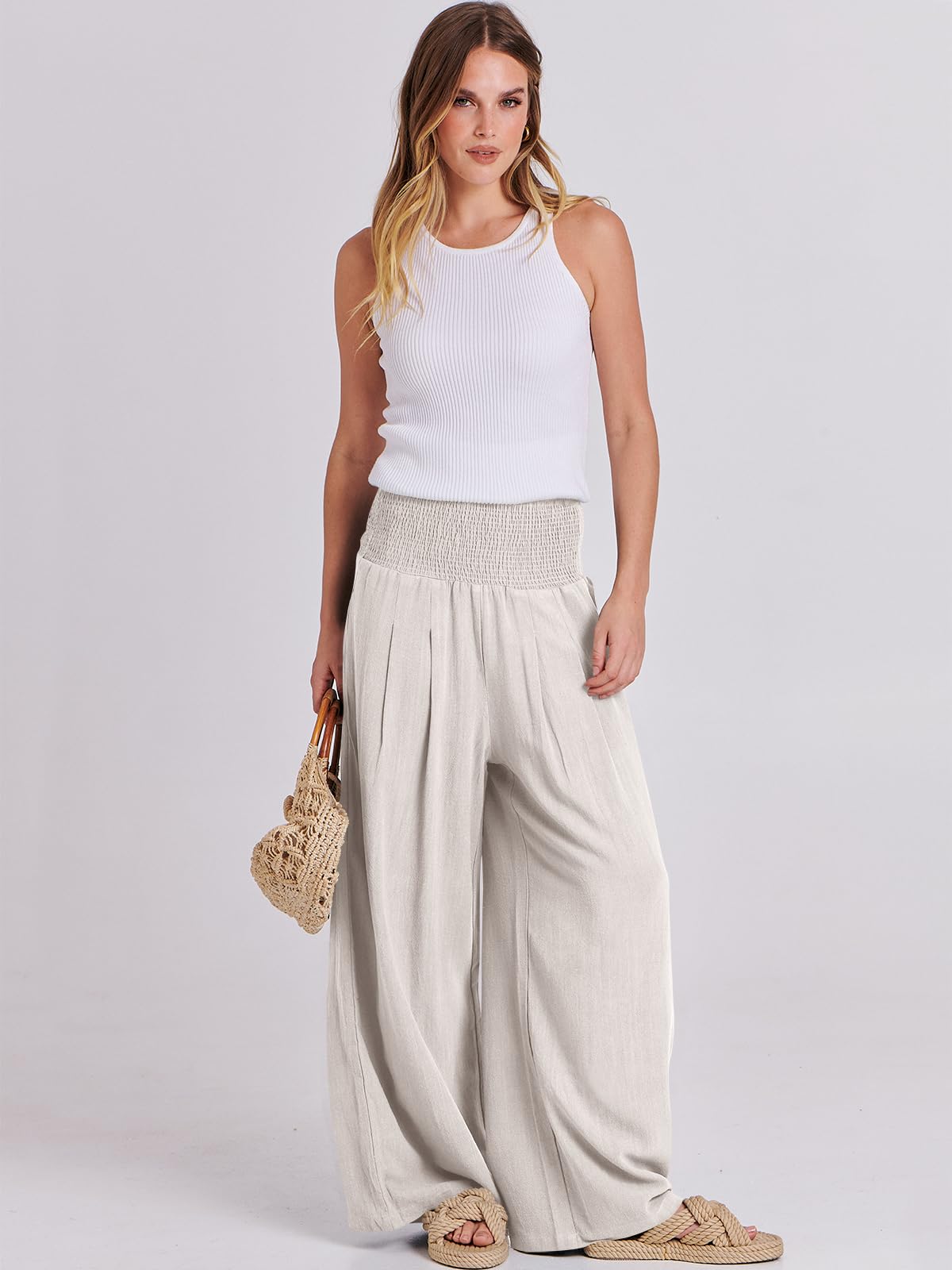 Foto 6 pulgar | Pantalones Palazzo Anrabess De Lino, Cintura Alta, Color Albaricoque, Para Mujer - Venta Internacional.