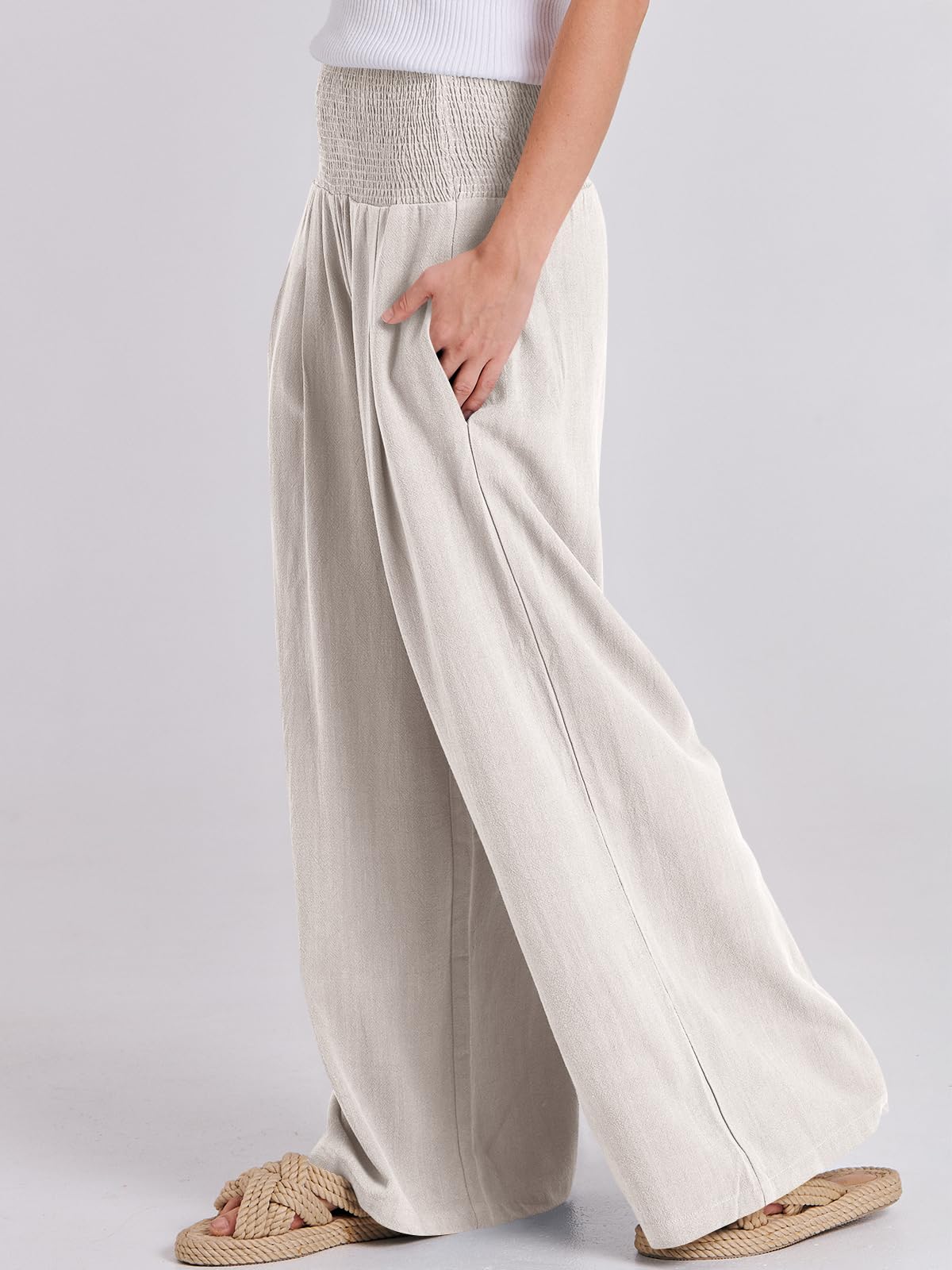 Foto 8 pulgar | Pantalones Palazzo Anrabess De Lino, Cintura Alta, Color Albaricoque, Para Mujer - Venta Internacional.