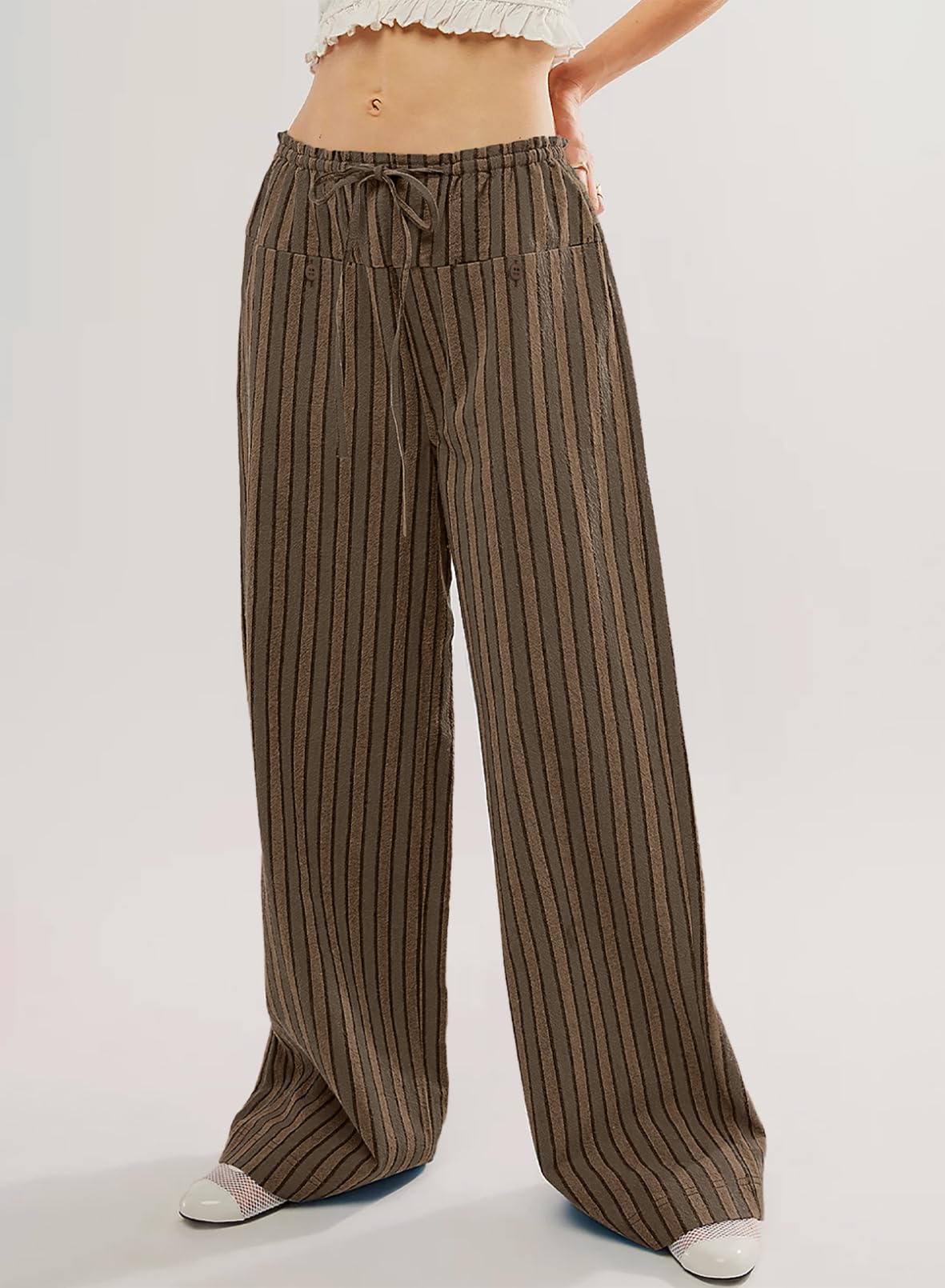 Foto 4 pulgar | Pantalones Acelit Para Mujer, Casuales, A Rayas, Color Marrón, Xl - Venta Internacional.