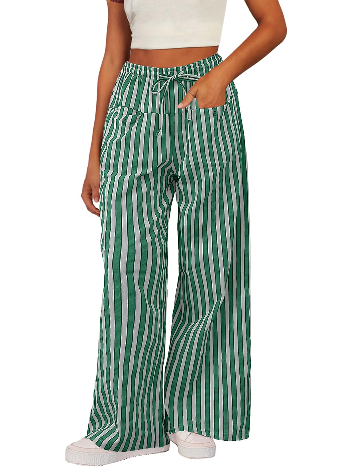 Foto 2 pulgar | Pantalones Acelit Para Mujer, Casuales, A Rayas, Color Verde Claro, Xl - Venta Internacional.