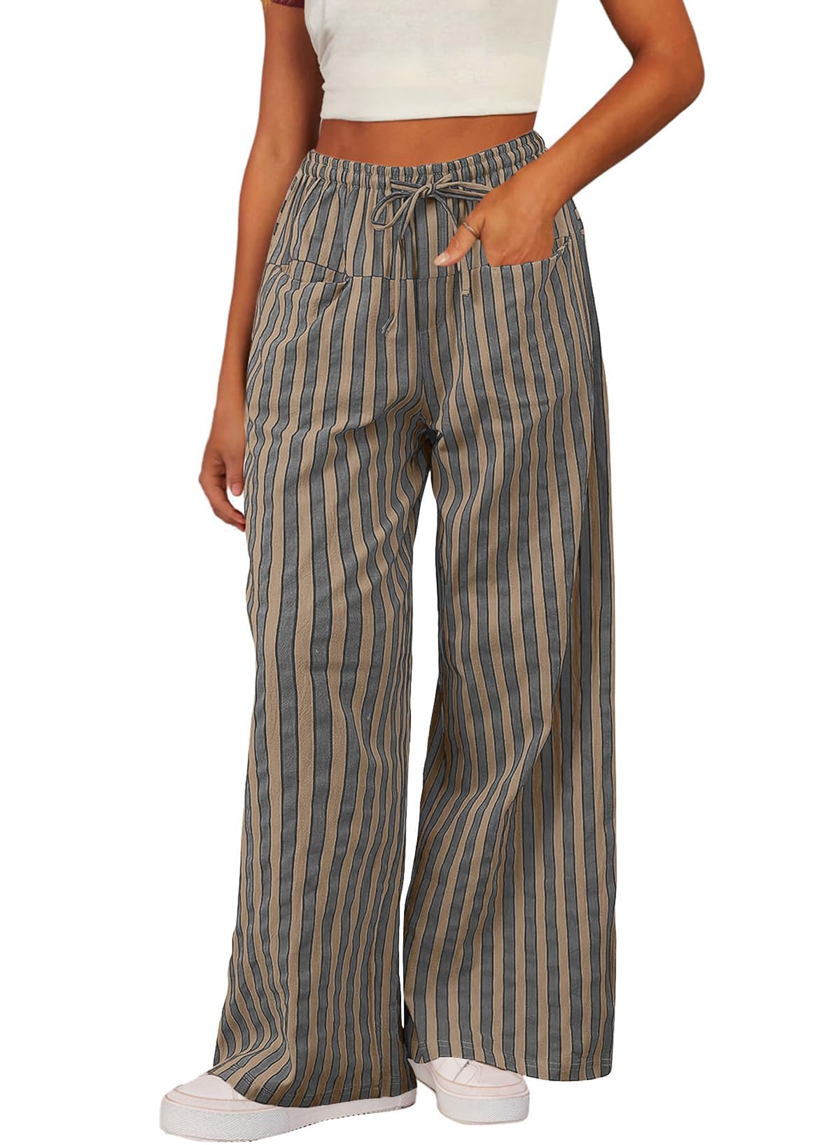 Foto 2 pulgar | Pantalones Acelitt Para Mujer, Casuales, A Rayas, Color Caqui - Venta Internacional.