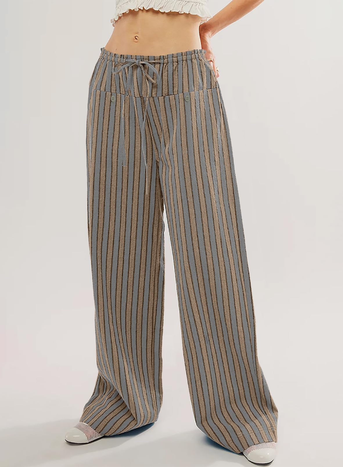 Foto 4 pulgar | Pantalones Acelitt Para Mujer, Casuales, A Rayas, Color Caqui - Venta Internacional.