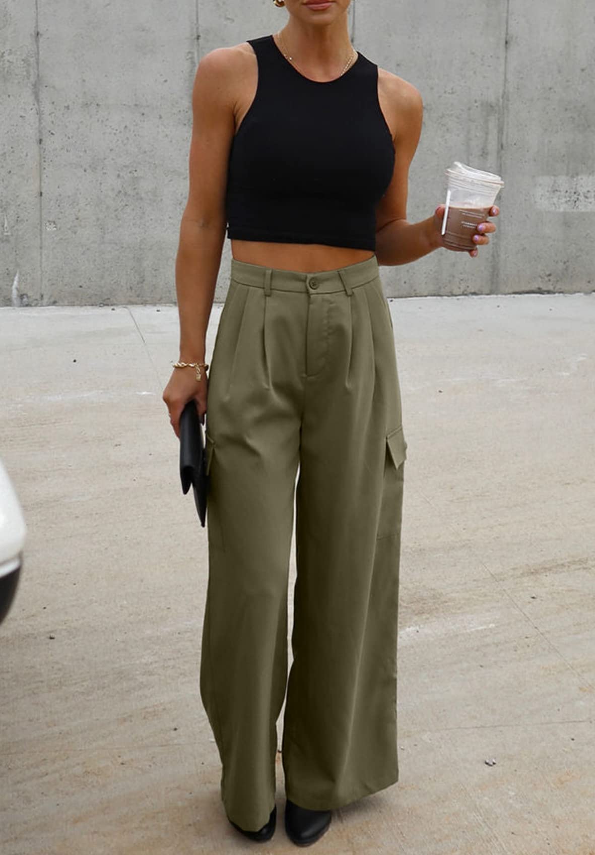 Foto 4 | Pantalones Cargo Dokotoo De Pierna Ancha Y Cintura Alta, Color Verde, Para Mujer - Venta Internacional.