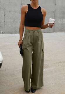 Foto 4 | Pantalones Cargo Dokotoo De Pierna Ancha Y Cintura Alta, Color Verde, Para Mujer - Venta Internacional.