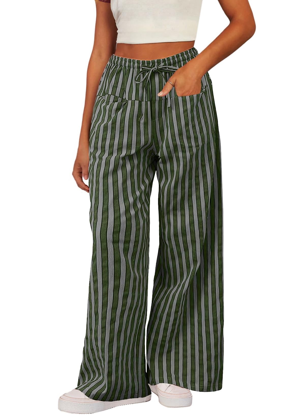 Foto 2 pulgar | Pantalones Acelit Para Mujer, Casuales, A Rayas, Color Verde Bloque - Venta Internacional.