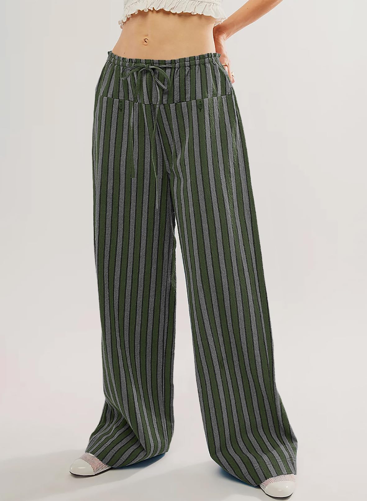 Foto 4 pulgar | Pantalones Acelit Para Mujer, Casuales, A Rayas, Color Verde Bloque - Venta Internacional.