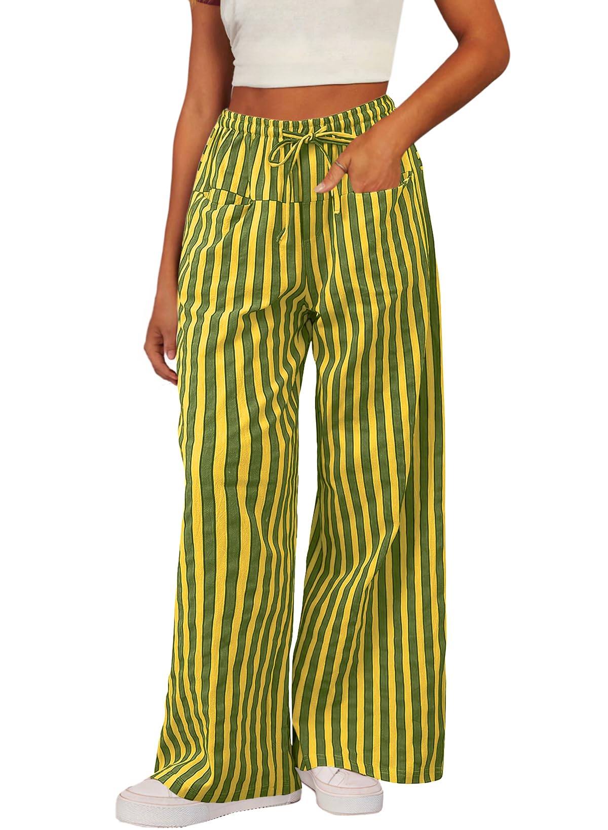 Foto 2 pulgar | Pantalones Acelit Para Mujer, Casuales, A Rayas, Color Amarillo - Venta Internacional.