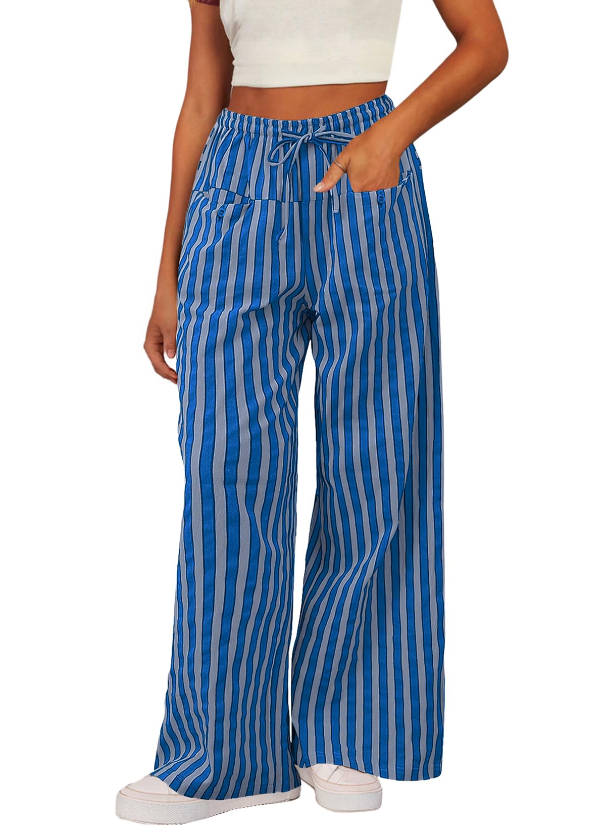Foto 2 pulgar | Pantalones Acelit Para Mujer, Casuales, A Rayas, Color Azul Bloque, Tamaño Mediano - Venta Internacional.