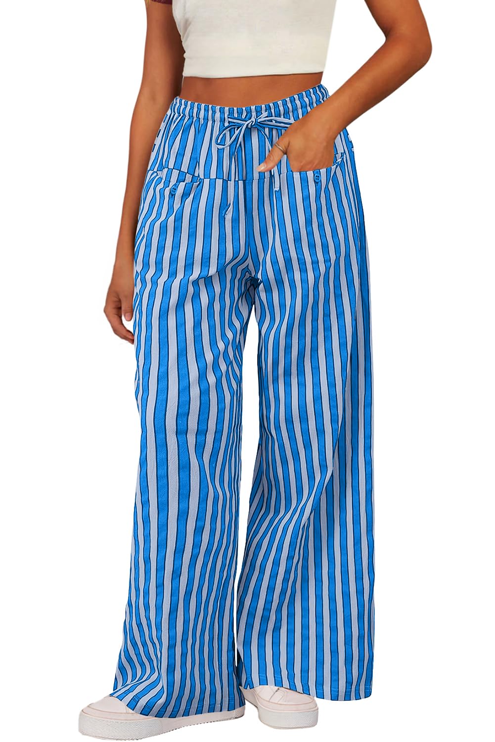 Foto 3 pulgar | Pantalones Acelit Para Mujer, Casuales, A Rayas, Color Azul Bloque, Tamaño Mediano - Venta Internacional.