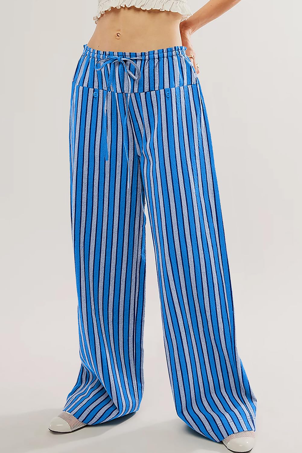 Foto 4 pulgar | Pantalones Acelit Para Mujer, Casuales, A Rayas, Color Azul Bloque, Tamaño Mediano - Venta Internacional.