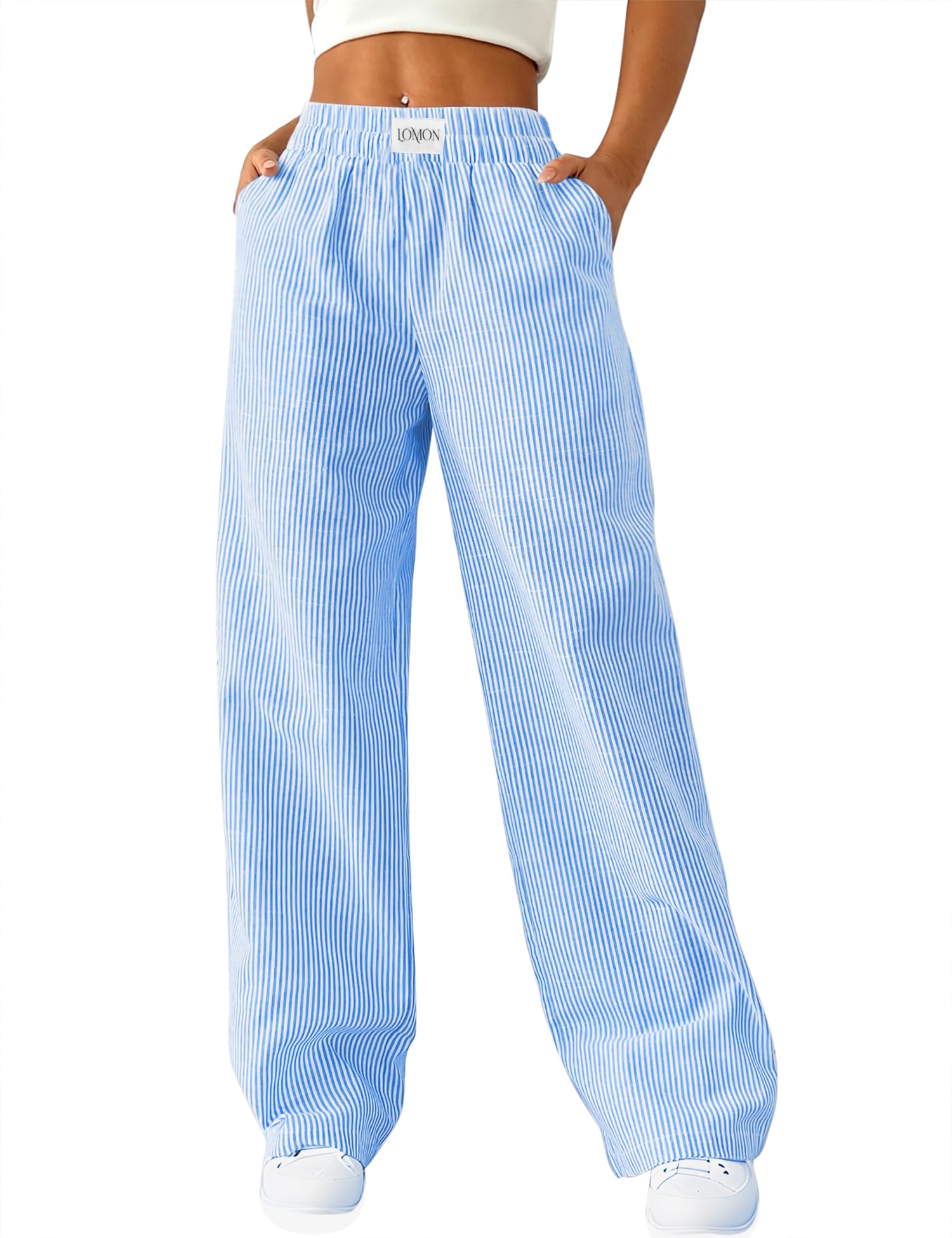 Foto 2 pulgar | Pantalones De Pijama Lomon A Rayas De Algodón Con Pernera Ancha Para Mujer - Venta Internacional.