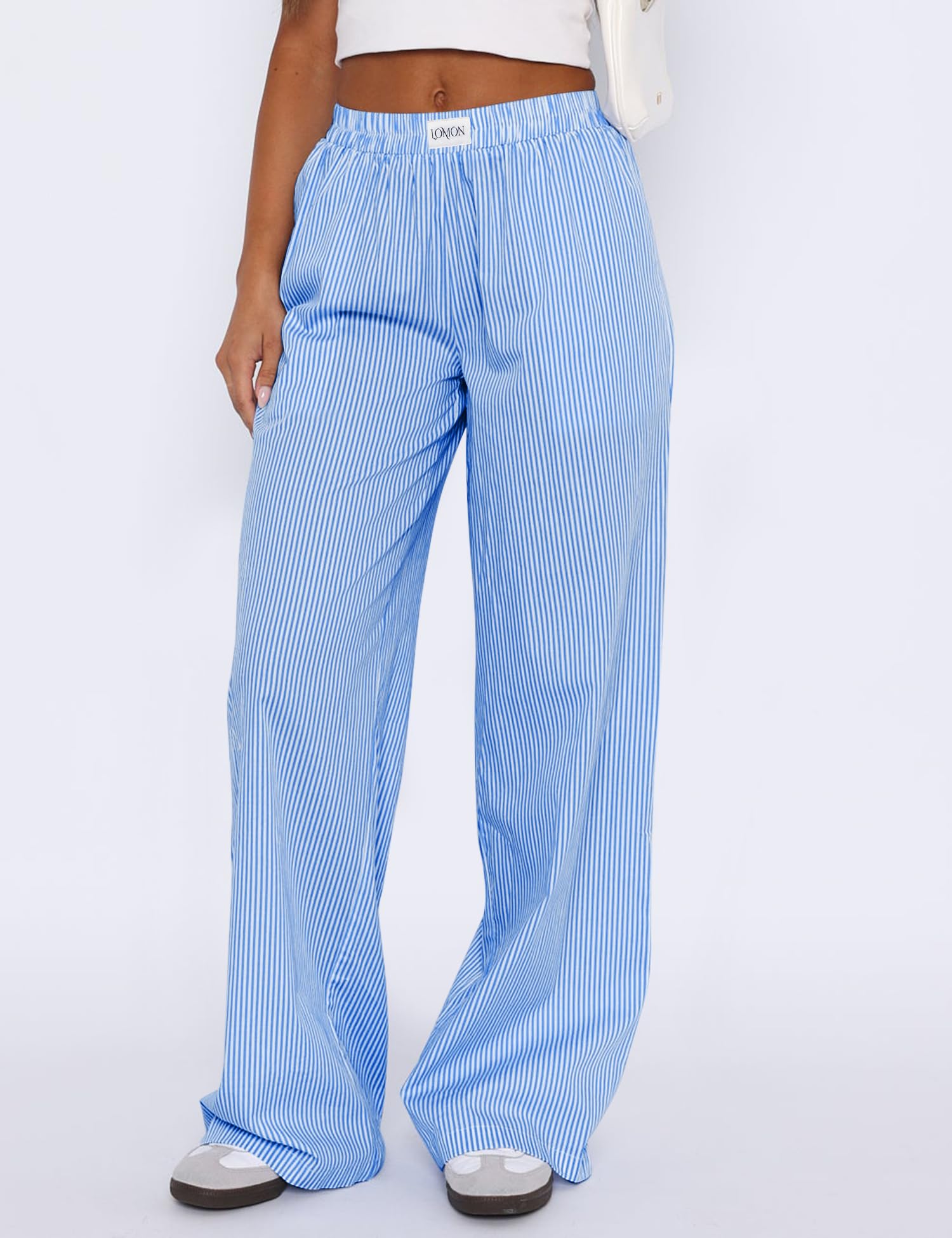 Foto 3 pulgar | Pantalones De Pijama Lomon A Rayas De Algodón Con Pernera Ancha Para Mujer - Venta Internacional.