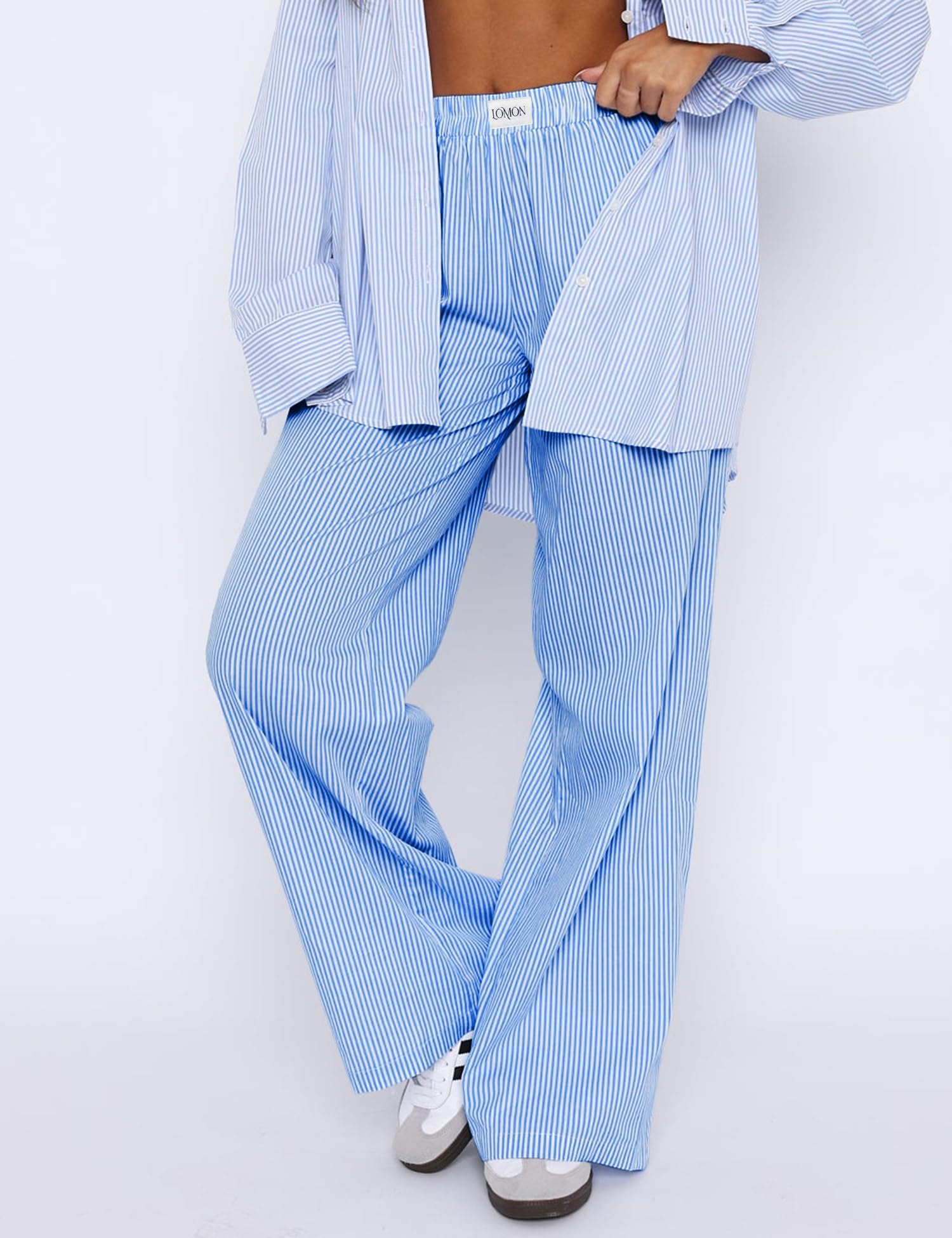 Foto 6 pulgar | Pantalones De Pijama Lomon A Rayas De Algodón Con Pernera Ancha Para Mujer - Venta Internacional.