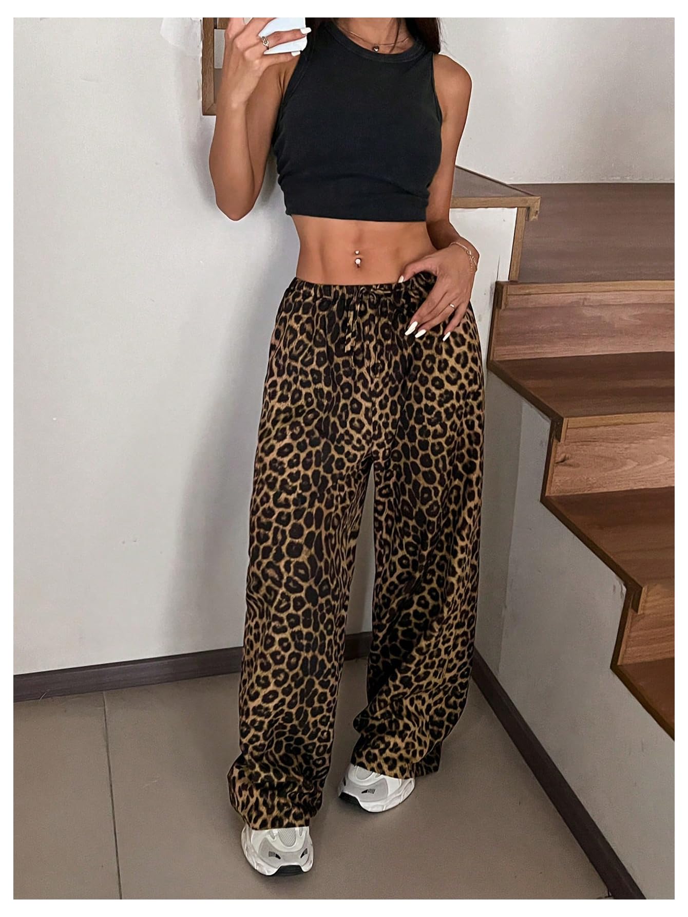 Foto 4 pulgar | Pantalones Floerns Con Estampado De Leopardo Y Cintura Con Cordón Para Mujer - Venta Internacional.