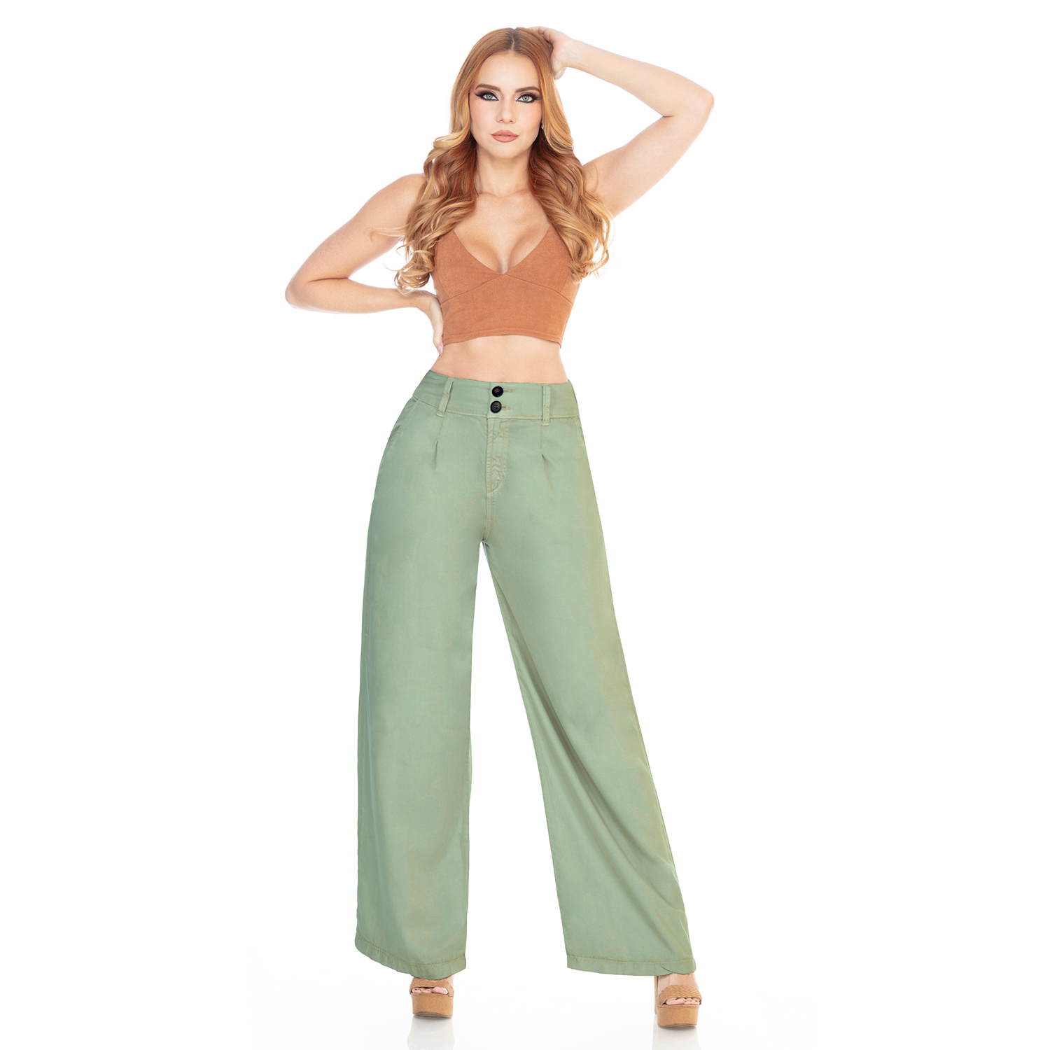 Foto 3 pulgar | Pantalón De Vestir Wide Leg Push Up En Color Verde