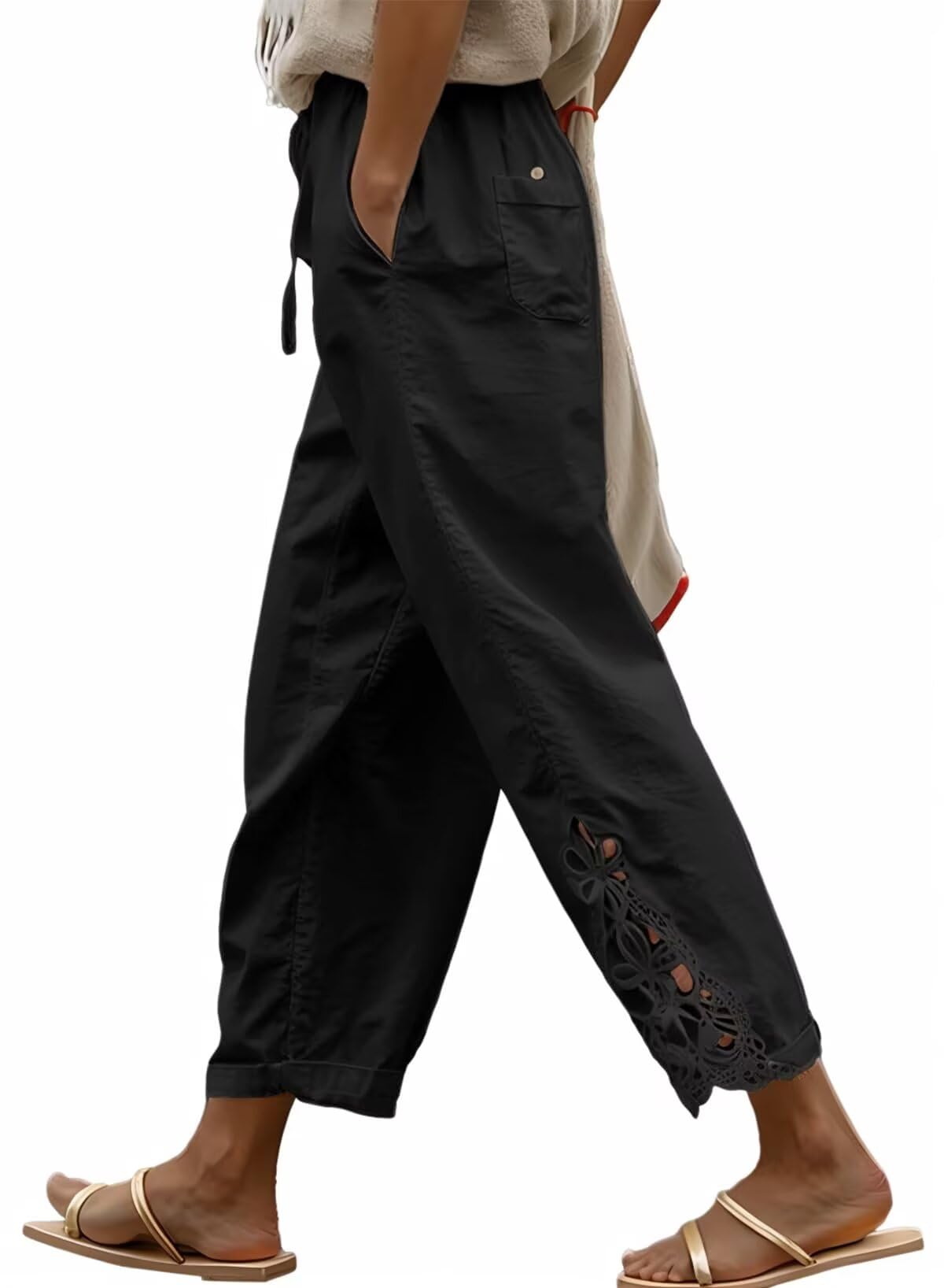 Foto 2 pulgar | Pantalones Acelit Casuales De Lino Con Cordón Y Cintura Elástica Para Mujer - Venta Internacional.