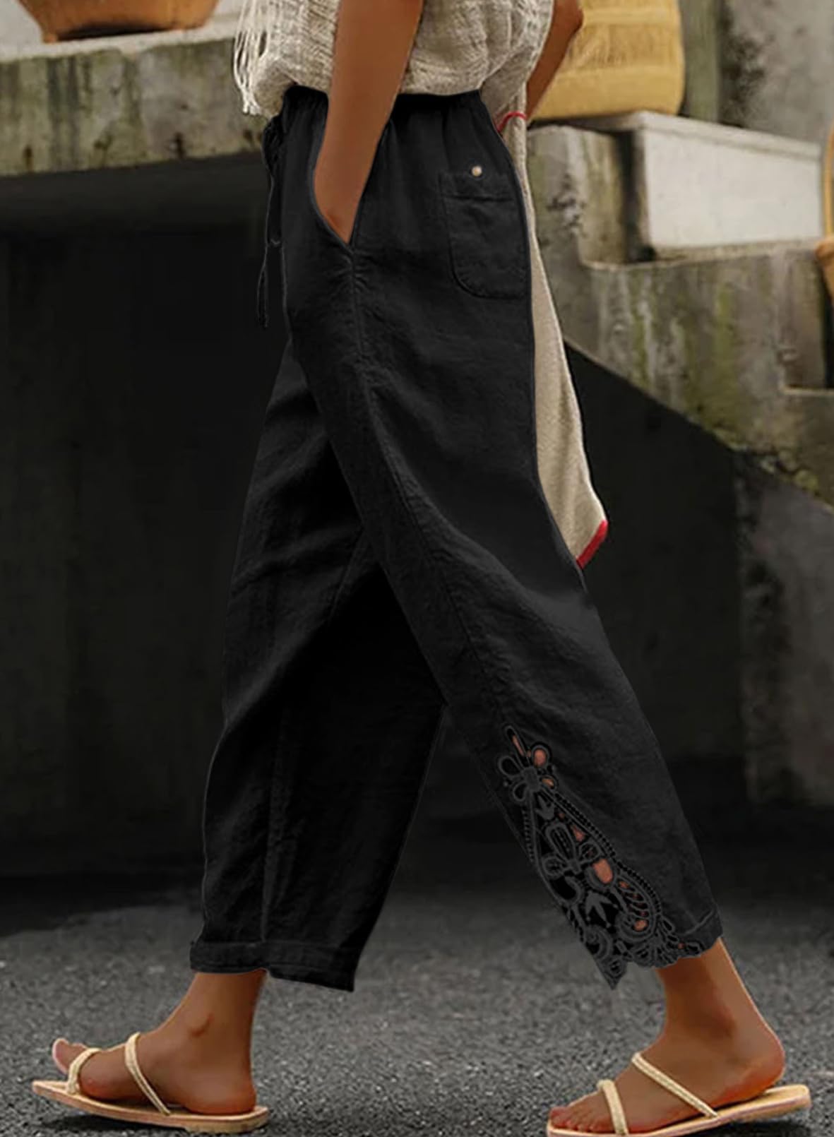 Foto 2 | Pantalones Acelit Casuales De Lino Con Cordón Y Cintura Elástica Para Mujer - Venta Internacional.