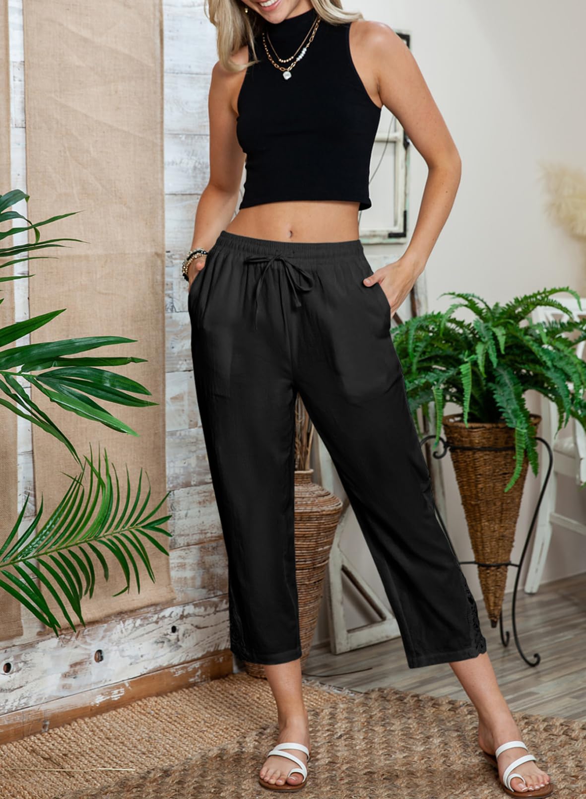 Foto 8 pulgar | Pantalones Acelit Casuales De Lino Con Cordón Y Cintura Elástica Para Mujer - Venta Internacional.