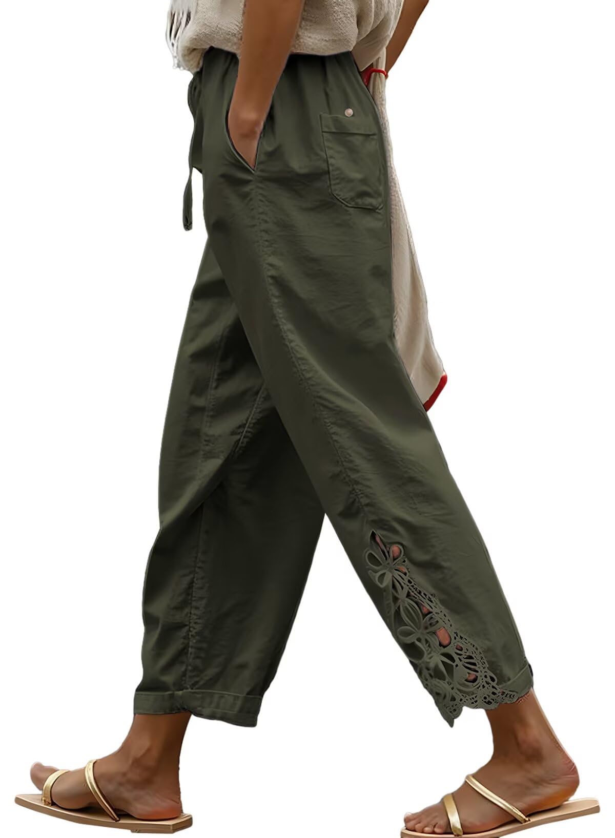 Pantalones Acelit De Lino Para Mujer, Cintura Elástica, Color Verde - Venta Internacional.