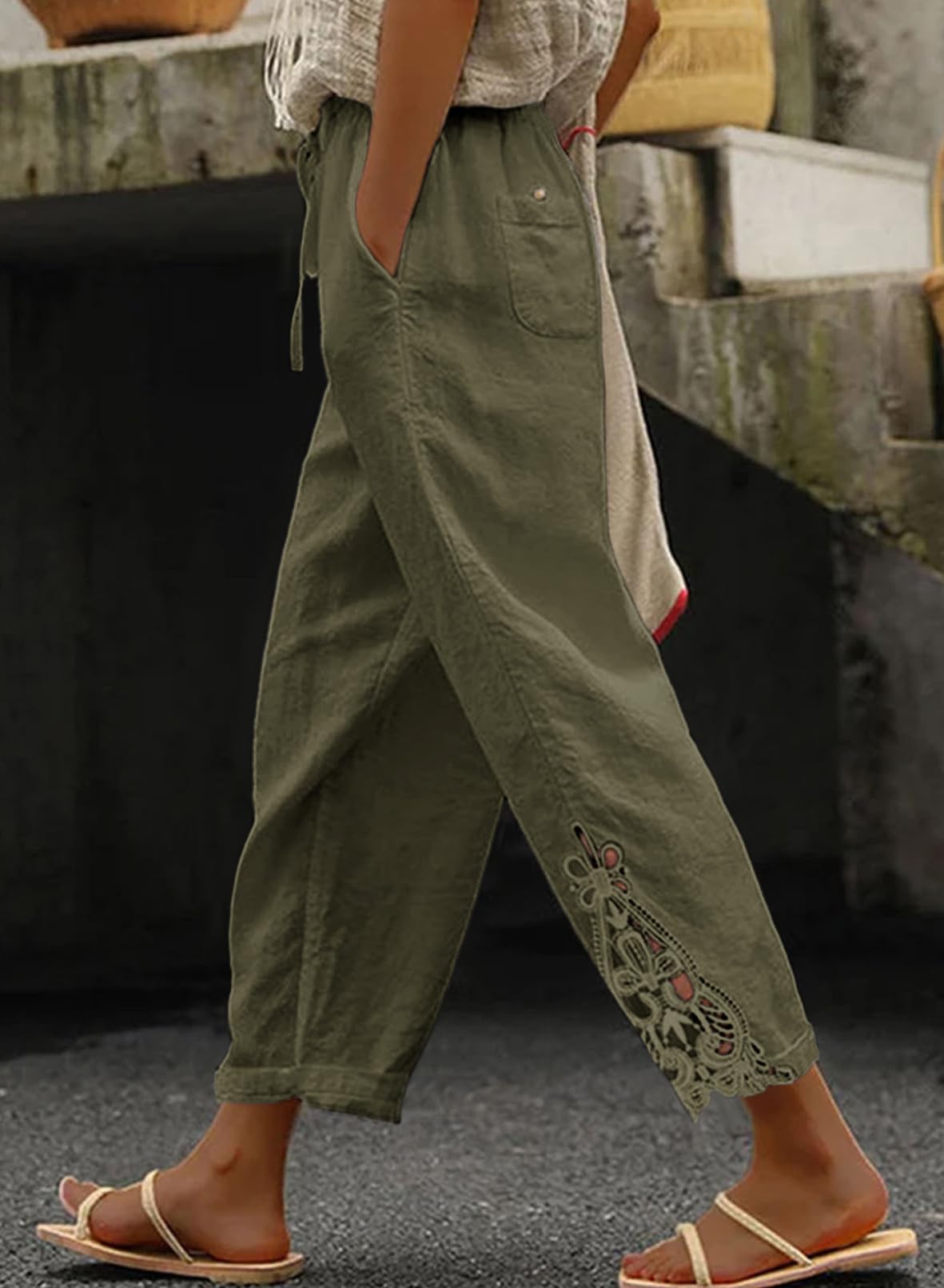 Foto 3 pulgar | Pantalones Acelit De Lino Para Mujer, Cintura Elástica, Color Verde - Venta Internacional.