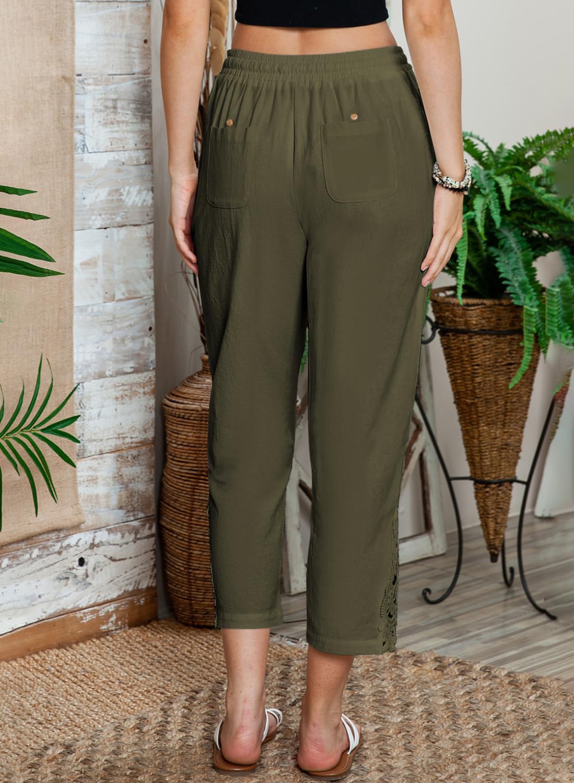 Foto 6 pulgar | Pantalones Acelit De Lino Para Mujer, Cintura Elástica, Color Verde - Venta Internacional.