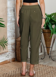 Foto 5 | Pantalones Acelit De Lino Para Mujer, Cintura Elástica, Color Verde - Venta Internacional.