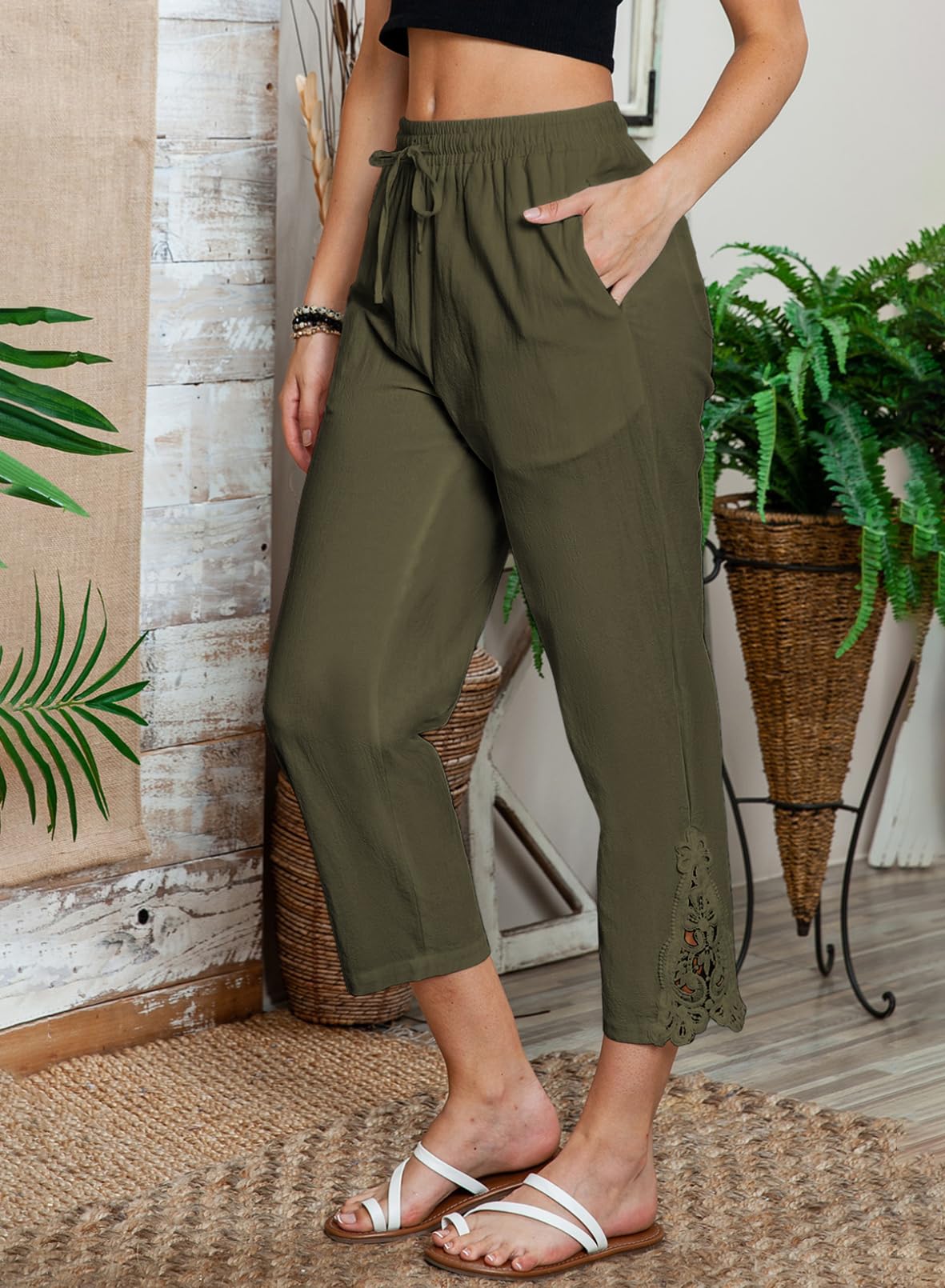 Foto 7 pulgar | Pantalones Acelit De Lino Para Mujer, Cintura Elástica, Color Verde - Venta Internacional.