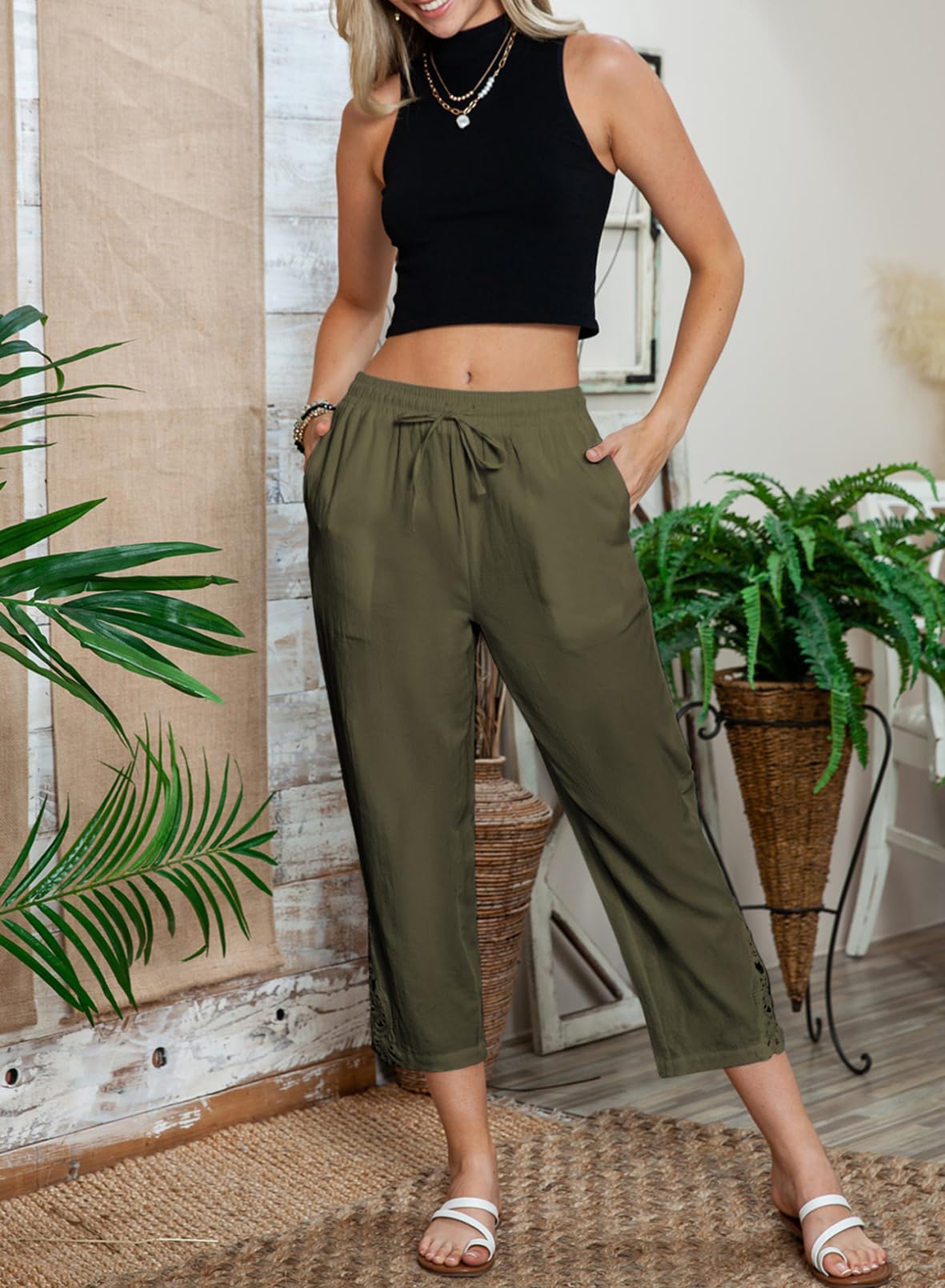 Foto 7 | Pantalones Acelit De Lino Para Mujer, Cintura Elástica, Color Verde - Venta Internacional.