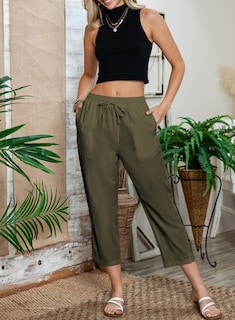 Foto 7 | Pantalones Acelit De Lino Para Mujer, Cintura Elástica, Color Verde - Venta Internacional.