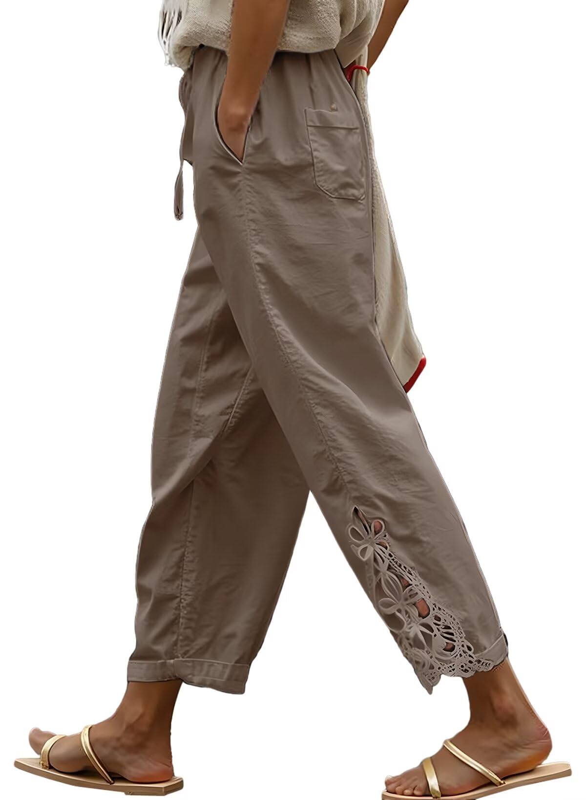 Foto 2 pulgar | Pantalones Acelit De Lino Casual Para Mujer, Primavera Y Verano, Color Caqui - Venta Internacional.