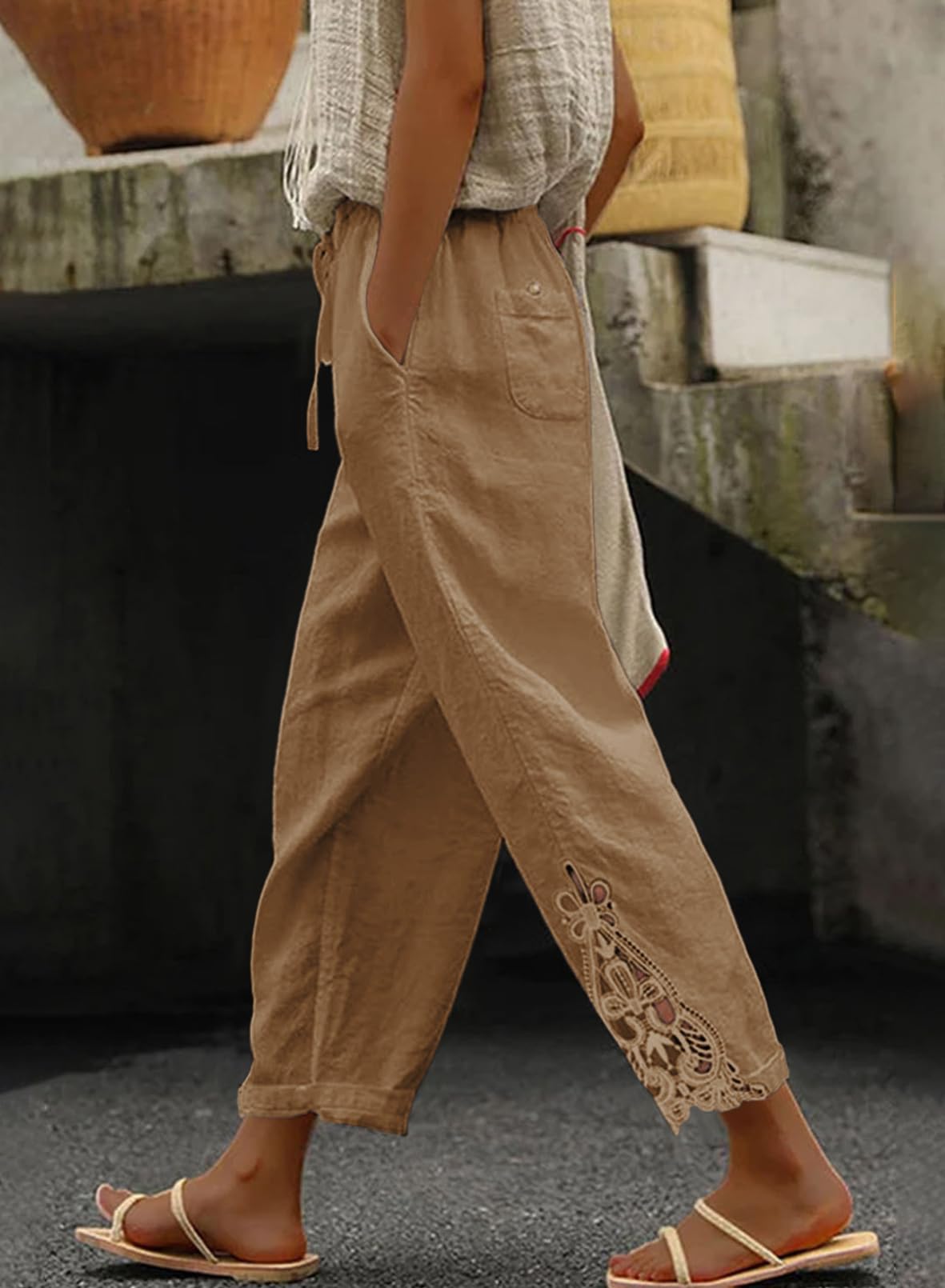 Foto 3 pulgar | Pantalones Acelit De Lino Casual Para Mujer, Primavera Y Verano, Color Caqui - Venta Internacional.