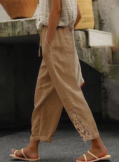 Foto 2 | Pantalones Acelit De Lino Casual Para Mujer, Primavera Y Verano, Color Caqui - Venta Internacional.