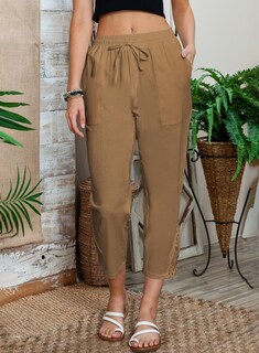 Foto 4 | Pantalones Acelit De Lino Casual Para Mujer, Primavera Y Verano, Color Caqui - Venta Internacional.