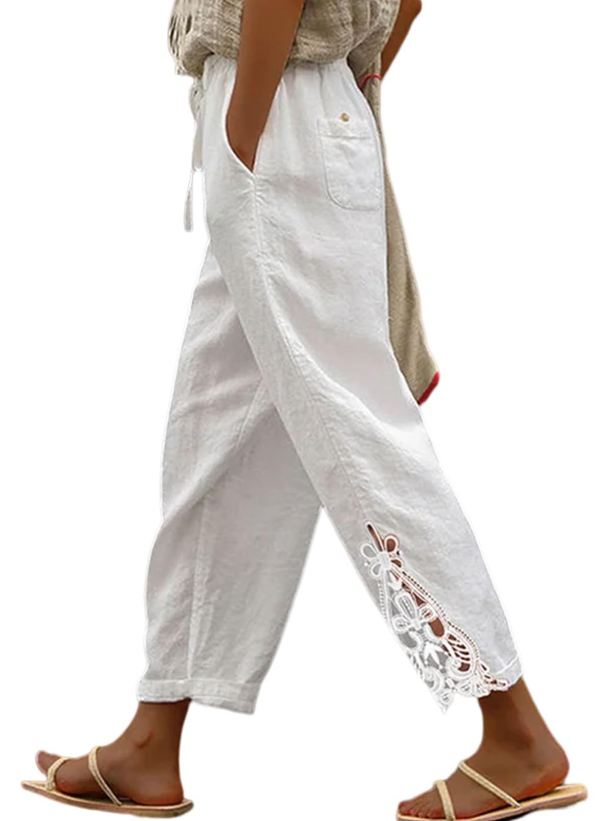 Pantalones Acelit De Lino, Casuales, Ligeros, Con Cordón, Cintura Blanca - Venta Internacional.