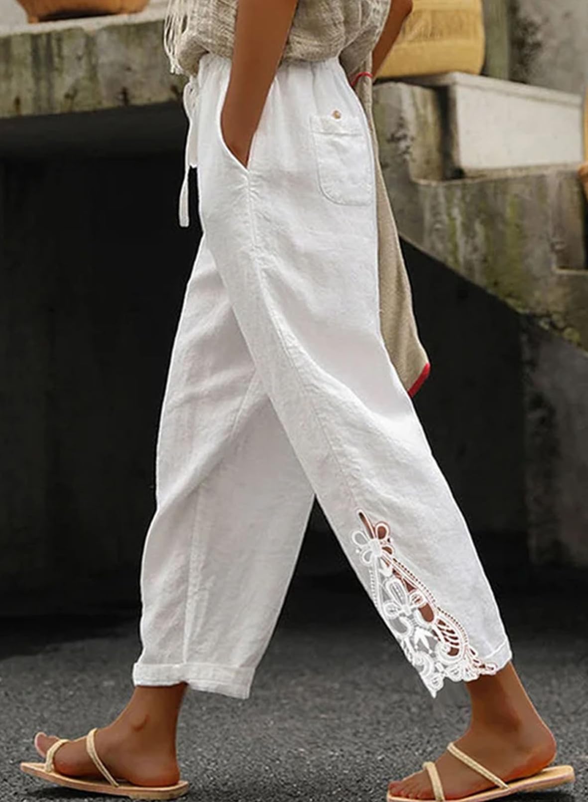 Foto 3 pulgar | Pantalones Acelit De Lino, Casuales, Ligeros, Con Cordón, Cintura Blanca - Venta Internacional.