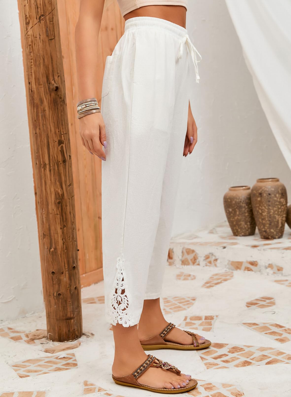 Foto 7 pulgar | Pantalones Acelit De Lino, Casuales, Ligeros, Con Cordón, Cintura Blanca - Venta Internacional.