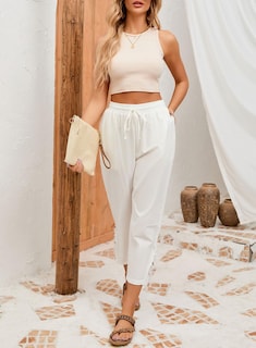 Foto 7 | Pantalones Acelit De Lino, Casuales, Ligeros, Con Cordón, Cintura Blanca - Venta Internacional.
