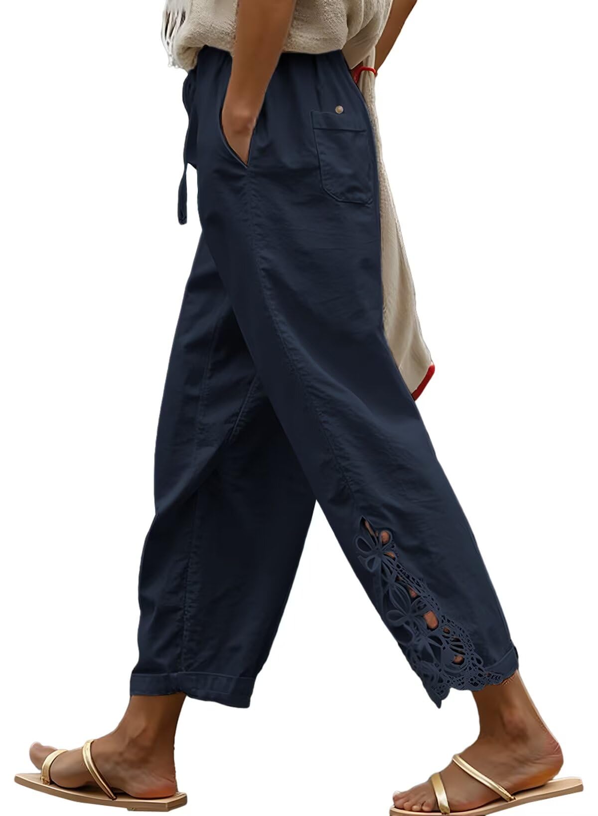 Pantalones Acelit De Lino Para Mujer, Cintura Elástica, Con Cordón, Azul - Venta Internacional.