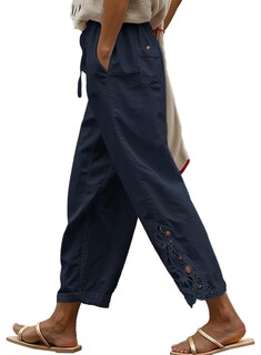 Foto 1 | Pantalones Acelit De Lino Para Mujer, Cintura Elástica, Con Cordón, Azul - Venta Internacional.