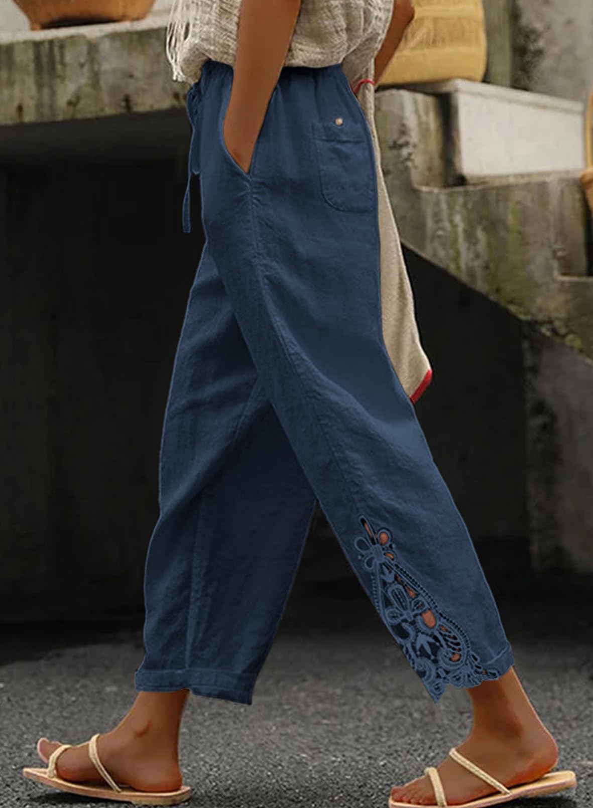 Foto 3 pulgar | Pantalones Acelit De Lino Para Mujer, Cintura Elástica, Con Cordón, Azul - Venta Internacional.