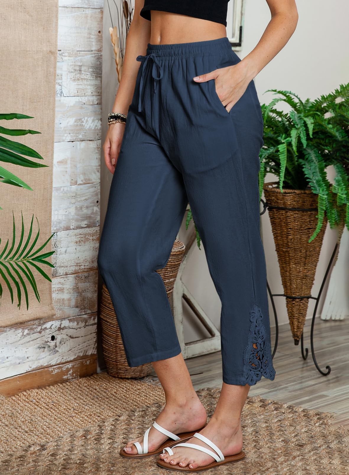 Foto 7 pulgar | Pantalones Acelit De Lino Para Mujer, Cintura Elástica, Con Cordón, Azul - Venta Internacional.