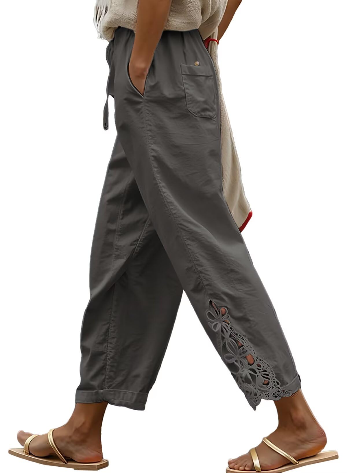 Foto 2 pulgar | Pantalones Acelit Casuales De Lino Con Cordón Y Cintura Elástica Para Mujer - Venta Internacional.