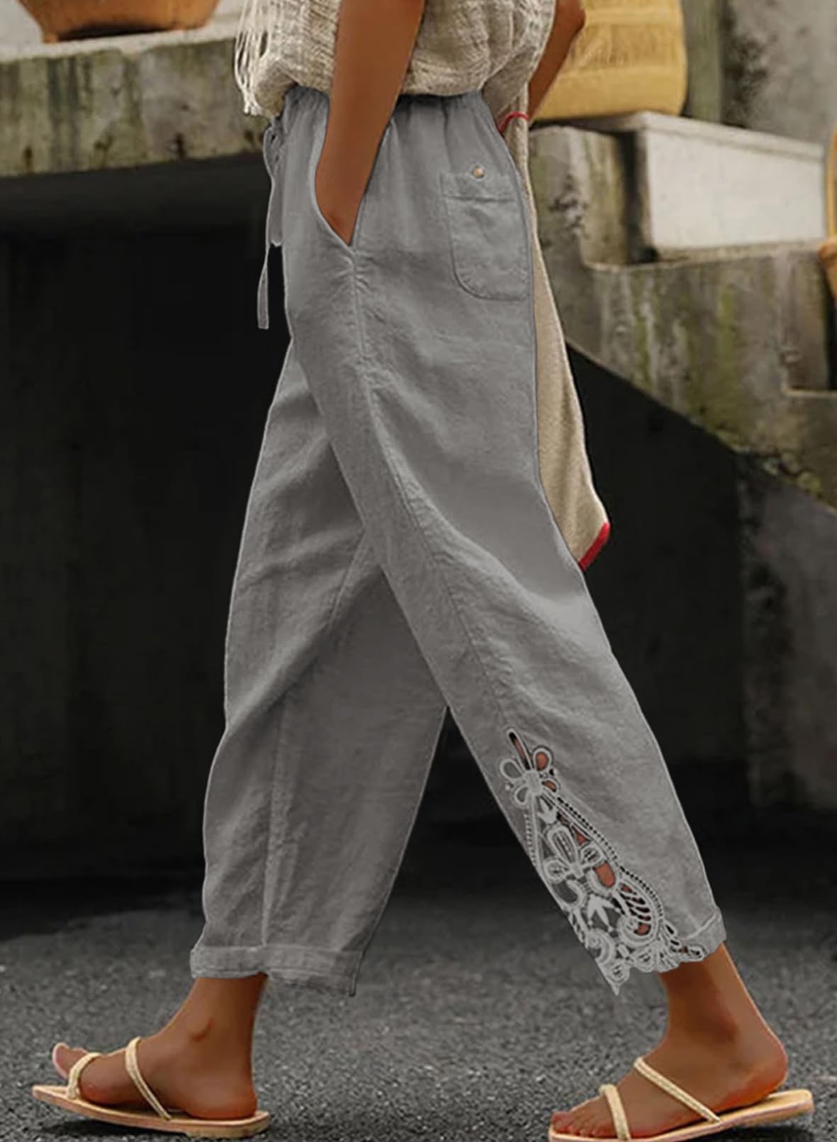 Foto 2 | Pantalones Acelit Casuales De Lino Con Cordón Y Cintura Elástica Para Mujer - Venta Internacional.