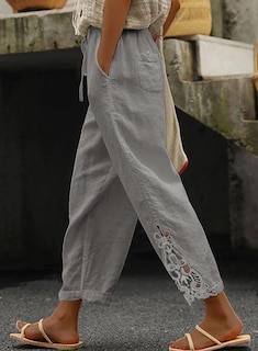 Foto 2 | Pantalones Acelit Casuales De Lino Con Cordón Y Cintura Elástica Para Mujer - Venta Internacional.