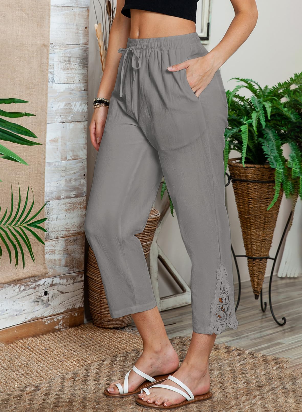 Foto 7 pulgar | Pantalones Acelit Casuales De Lino Con Cordón Y Cintura Elástica Para Mujer - Venta Internacional.