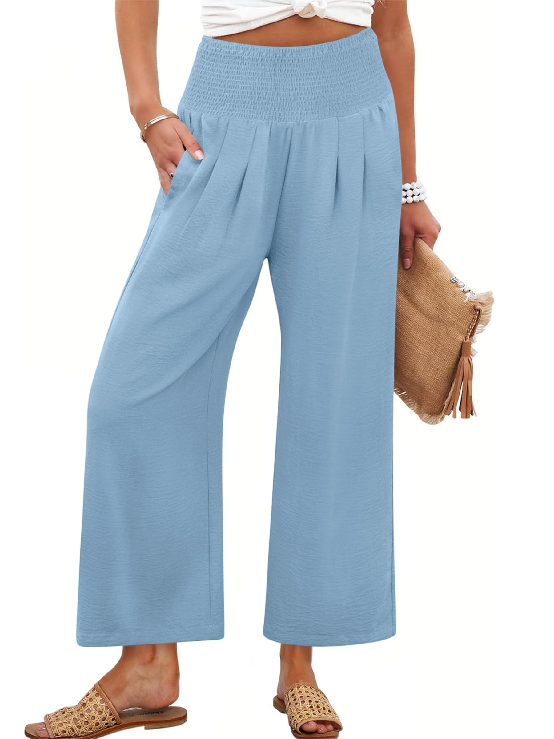 Pantalones Palazzo Anrabess Para Mujer, Pierna Ancha, Cintura Alta, Azul Cielo - Venta Internacional.