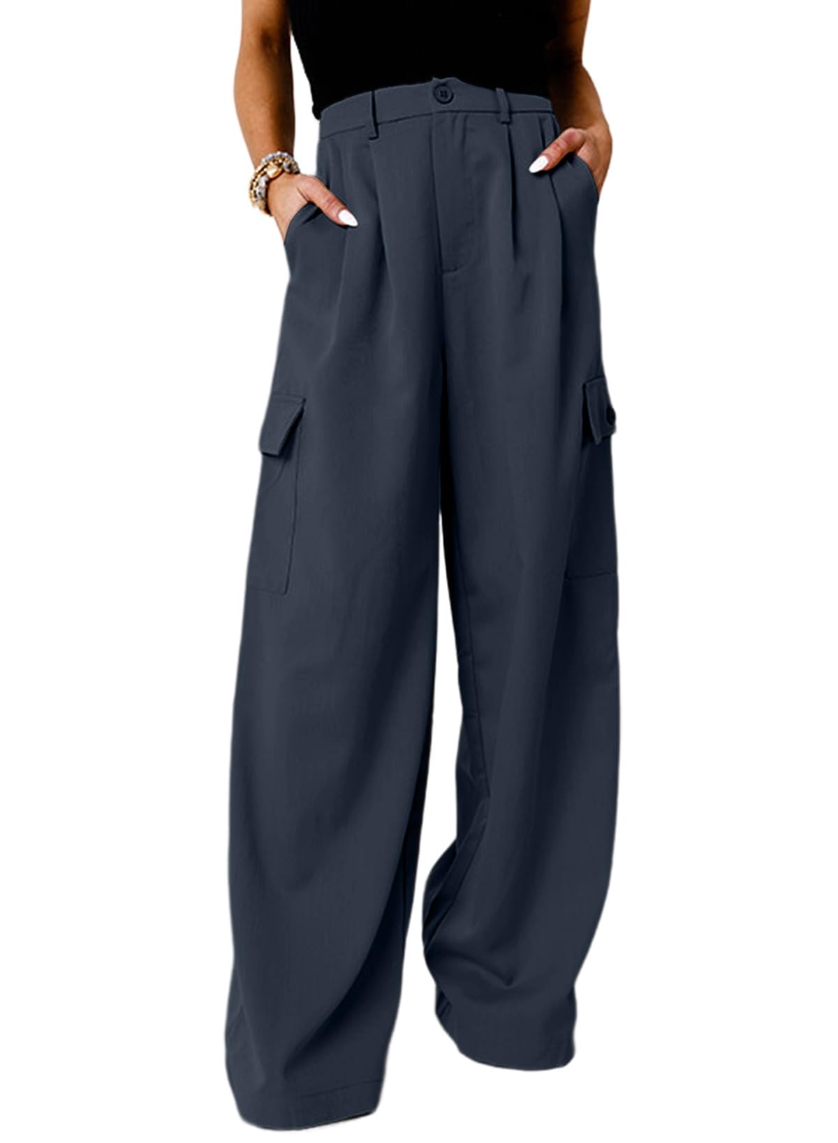 Pantalones Cargo Dokotoo De Cintura Alta Y Pierna Ancha Para Mujer, Color Gris - Venta Internacional.
