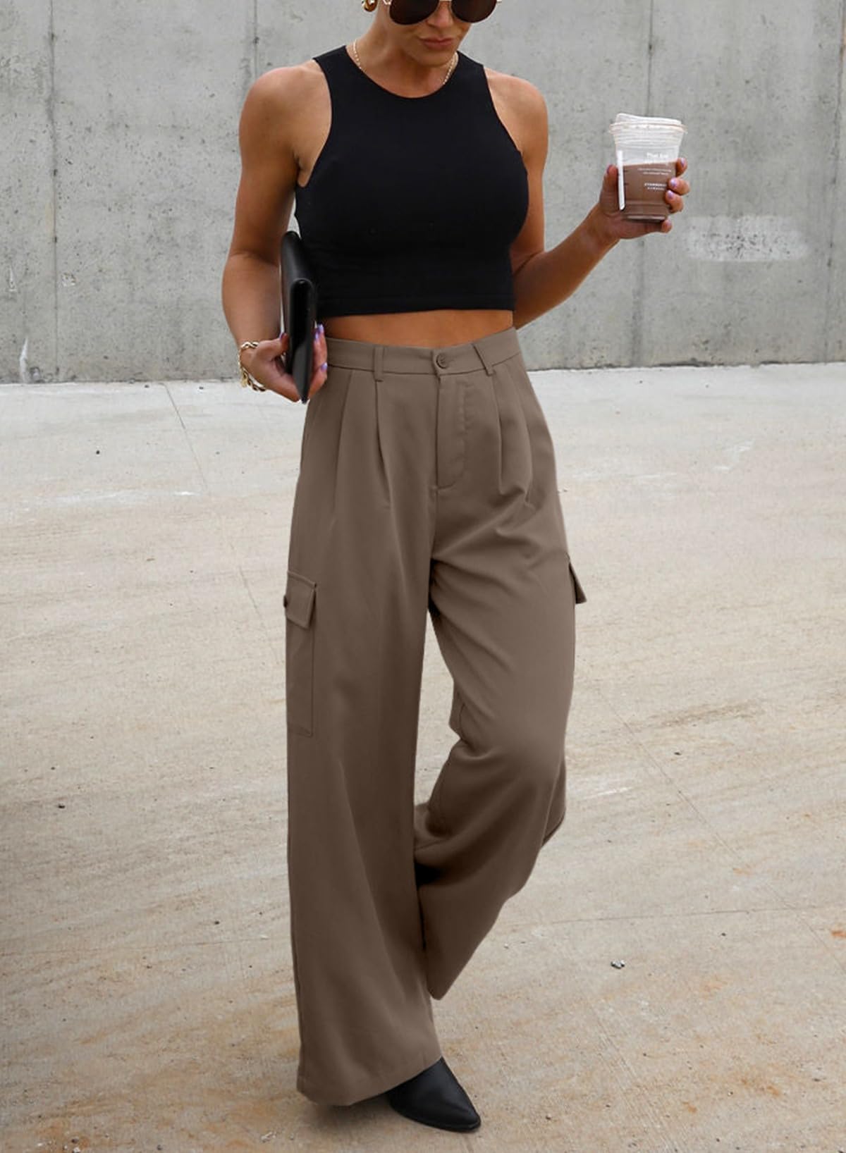 Foto 3 pulgar | Pantalones Cargo Dokotoo, Vestido De Trabajo Para Mujer, Pierna Ancha, Marrón Oscuro - Venta Internacional.